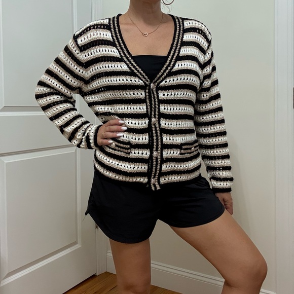 Striped Black, White and Gold Women's Sweater - Picture 4 of 12